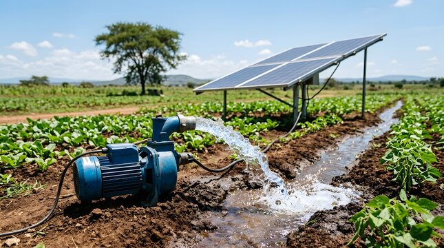 Solar Panel Water Pump Irrigation Agricultural Field Green Crops Rural Africa Sustainable Farming Renewable Energy Technology Outdoor Daylight