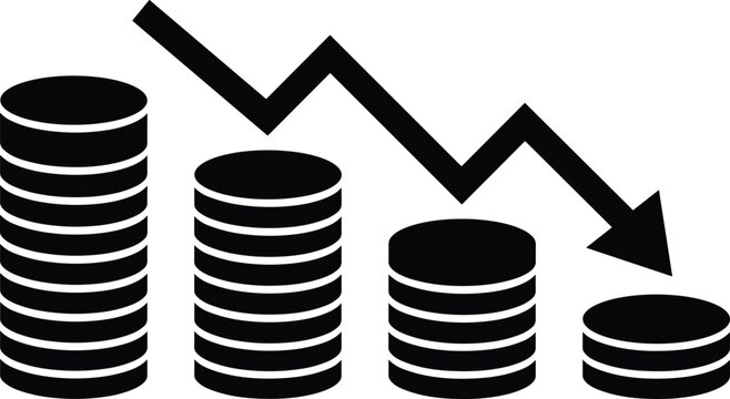 Business finance decline vector illustration showing stacked coins decreasing with downward arrow, 