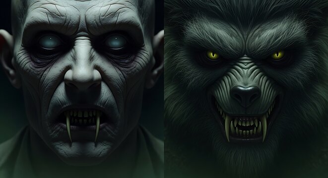 Scary monster and alien creature faces with glowing eyes