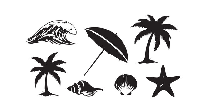 Summer beach vacation icons including ocean wave palm trees parasol umbrella seashells and starfish silhouette set design.