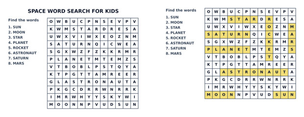 Space themed word search for kids printable learning page. Fun vector puzzle activity created for astronomy vocabulary exploration and educational entertainment. © Valentina Sorokina