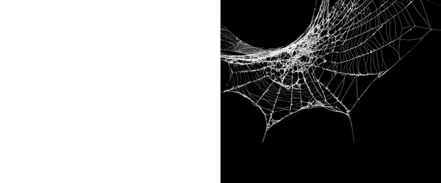 Intricate white spider web cobweb element on transparent and black background for halloween design decoration realistic creepy net isolated vector mask with alpha channel.
