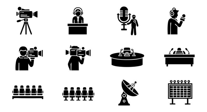 Black Film Production Icon Set for Sports Broadcasting and Media