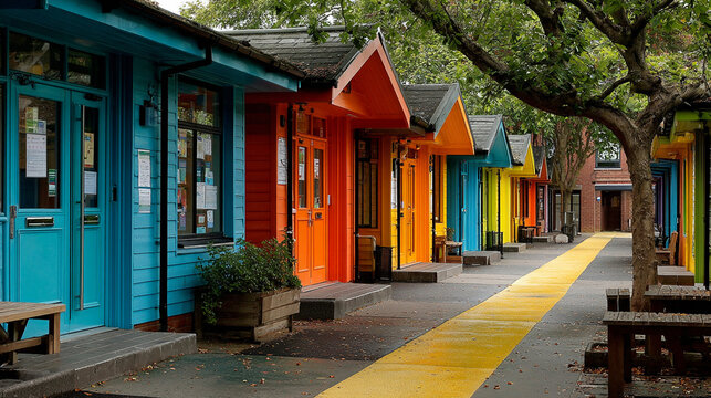 Primary school buildings colorful exteriors playful architecture small classrooms creative learning environments outdoor activity zones safe durable design 