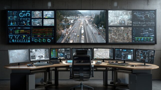 Air traffic control room with multiple screens showing airplanes and traffic data