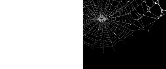 Spiderweb covered in tiny water droplets, displayed on transparent and solid black backgrounds, natural insect silk threads, detailed pattern for graphic design overlays. © Creative Png