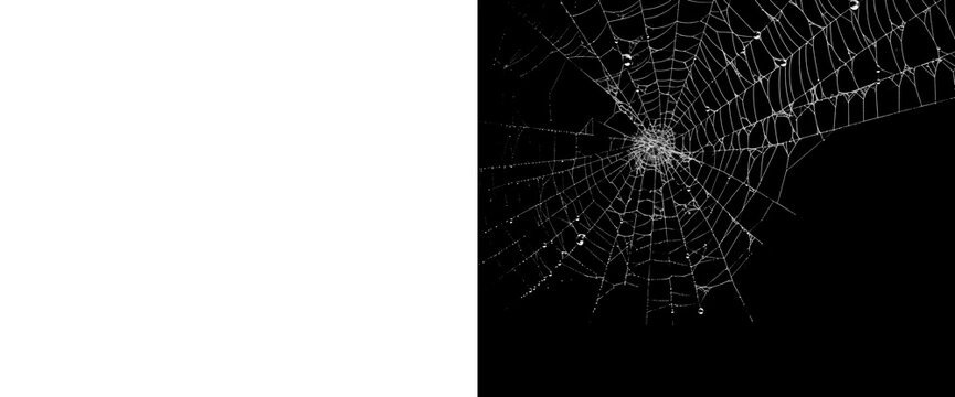 Intricate spider web glistening with delicate water droplets on transparent background and black isolation, natural insect silk construction, detailed pattern for overlay design.