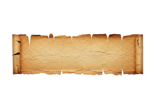 Ancient tattered parchment scroll banner with rolled edges and distressed texture isolated on transparent background
