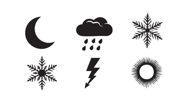 Weather icons for night rain snow lightning and sun showing meteorological conditions.