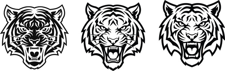 Fototapeta premium Tiger head icons, black and white vector illustrations, roaring animal faces, set of 3