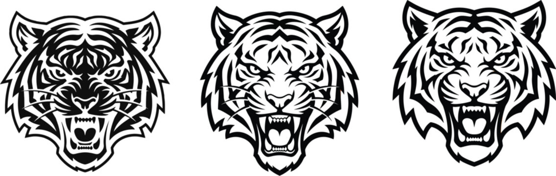 Tiger head icons, black and white vector illustrations, roaring animal faces, set of 3