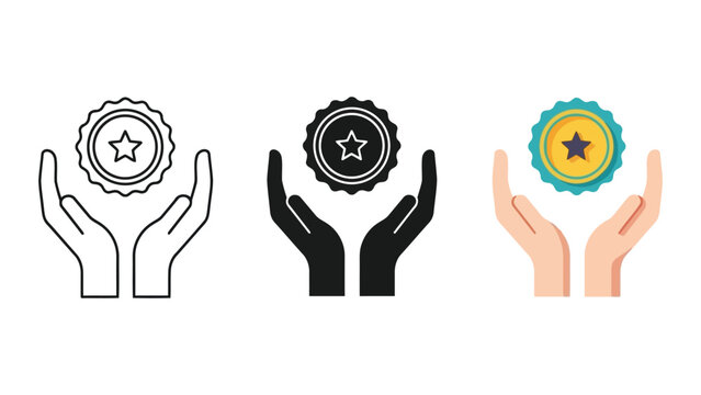 Hands holding star badge icon set in line art silhouette and flat vector design