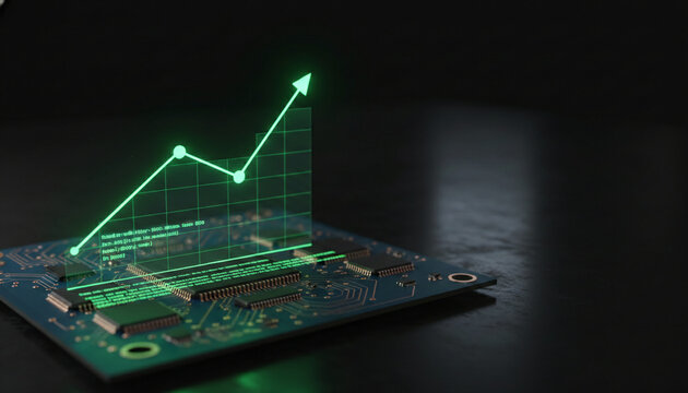 A digital graph showing upward growth superimposed on a circuit board, symbolizing technological advancement, innovation, and financial success