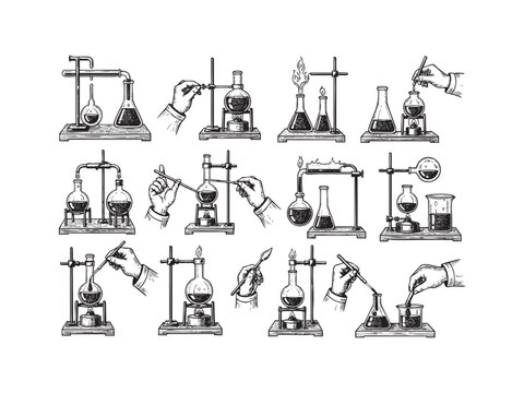 Retro chemical experiments. Vintage science laboratory beakers and burners, old sketch hands of chemist in handdrawn style, vector illustration