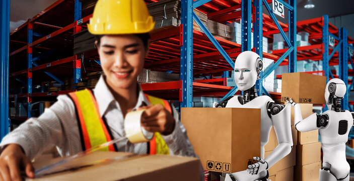 Innovative industry robot working in warehouse together with human worker . Concept of artificial intelligence for industrial revolution and automation manufacturing process .