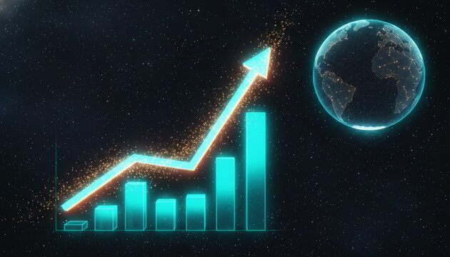 Glowing chart and arrow rising in space beside planet Earth, symbolizing growth, success, and global impact, perfect for business and finance concepts