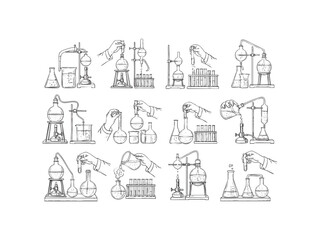 Naklejka premium Retro chemical experiments. Vintage science laboratory beakers and burners, old sketch hands of chemist in handdrawn style, vector illustration