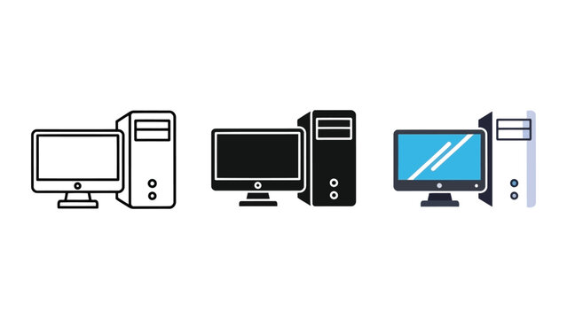 Desktop computer icons set in line art flat and solid styles