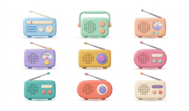 Minimal retro radio claymorphism set cute 3D vector illustration isolated clipart design