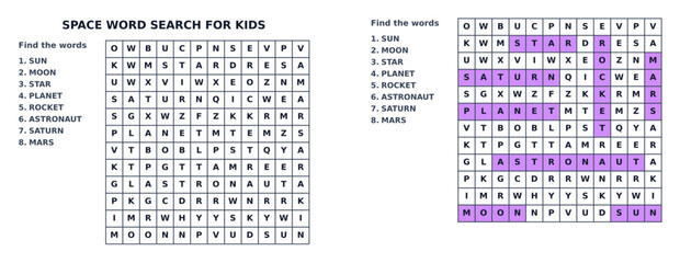 Outer space word search puzzle for kids printable worksheet. Creative vector learning game designed for science vocabulary practice and concentration skills. © Valentina Sorokina