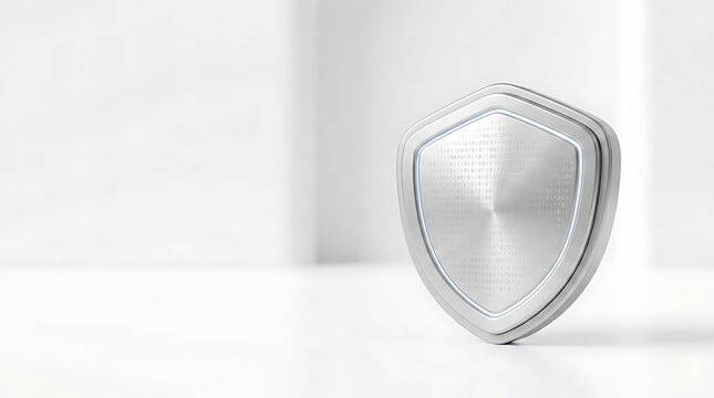 A silver shield with a digital code pattern overlay.