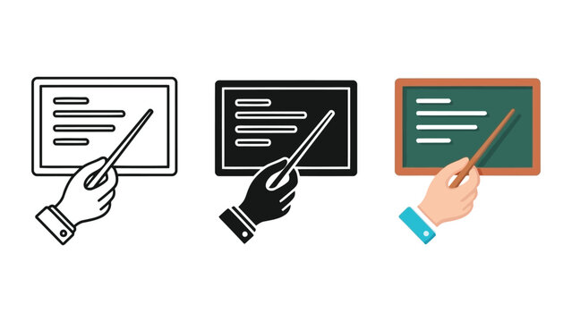Hand holding pointer stick indicating on chalkboard vector illustration set