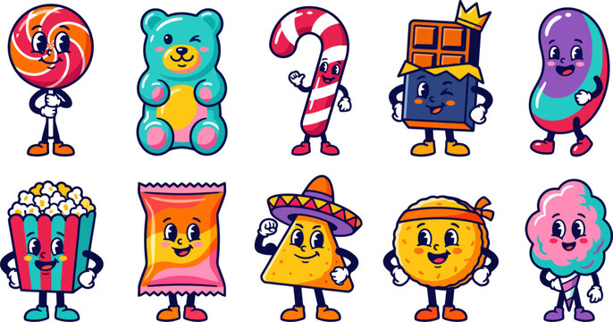 Cartoon candy and snack characters with smiling faces and colorful designs on white background