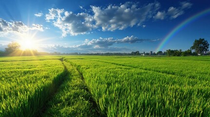 Fototapeta premium Vibrant green meadow with sunburst, rainbow, and dramatic clouds, evoking hope and natural beauty