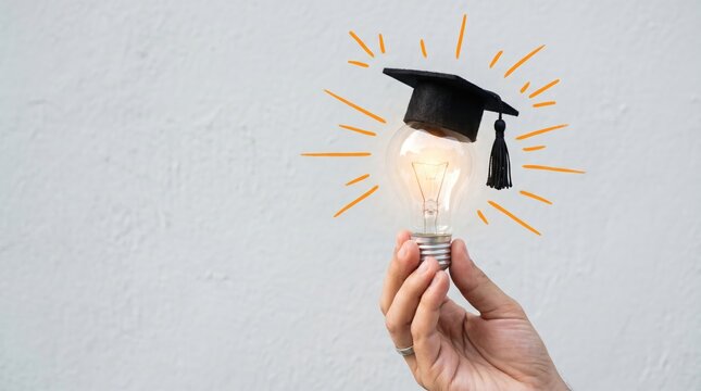 Hand holding lightbulb with graduation cap on top symbolizing education and innovation