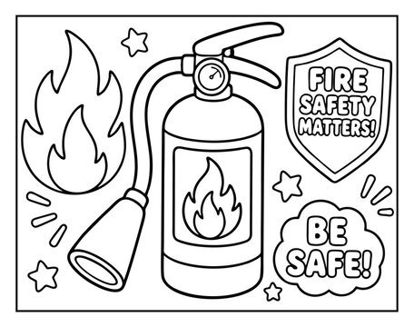 Fire extinguisher coloring page for kids featuring flame icons and safety slogans for educational drawing activities
