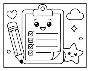 Fototapeta premium Coloring page featuring a cute cartoon clipboard with a pencil for kids to draw and paint