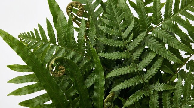Close-up of vibrant green fern fronds with unfurling fiddleheads against a white background.