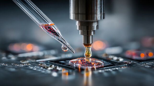 Lab-on-a-Chip Microfluidic Device with Liquid Flow in Tiny Channels, High-Tech Biomedical Engineering, Nanotechnology Research, Scientific Innovation and Healthcare Technology Concept 