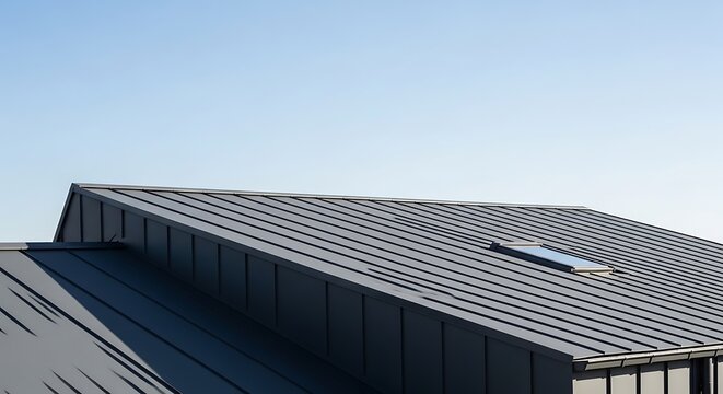 Modern Grey Standing Seam Metal Roof with Skylight and Blue Sky
