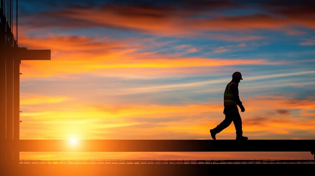 Silhouette of a construction worker walking on a beam at sunset, symbolizing progress and dedication
