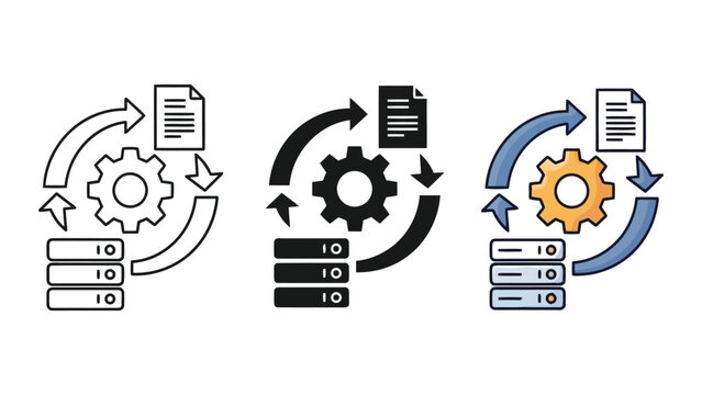 Data processing workflow illustration with gear, database, and document icons