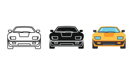 Obraz premium Sports car front view set in line art silhouette and flat vector illustration styles