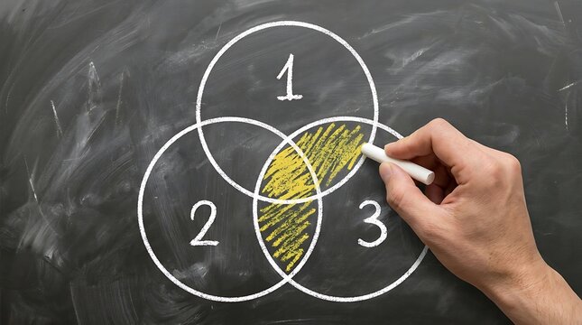 Corporate analytics concept with three overlapping circles highlighting common solution area in Venn diagram