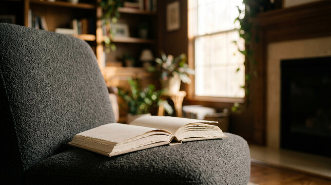 Open Blank Book on a Comfortable Gray Fabric Armchair in Cozy Living Room Setting with Wooden Bookshelves Green Houseplants and a Warm Fireplace Background Natural Sunlight Morning Reading Nook Scene