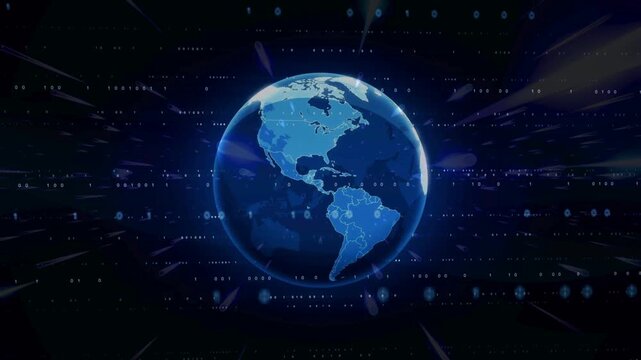 Digital blue globe of earth rotating with binary code data stream on dark background.