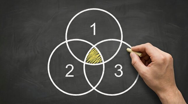 Corporate strategy analysis concept with three overlapping circles highlighting key solution in central intersection