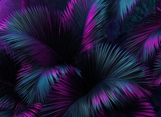 Obraz premium Vibrant Neon Tropical Palm Leaves in Moody Dark Cyan and Magenta Lighting