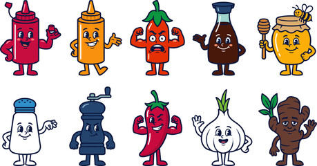 Naklejka premium Cartoon ketchup mustard hot sauce honey pepper salt mill onion character illustrations