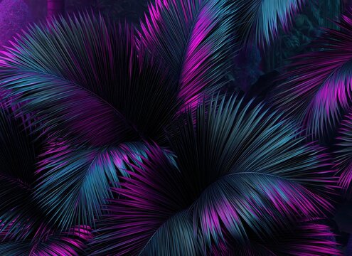 Vibrant Neon Tropical Palm Leaves in Moody Dark Cyan and Magenta Lighting