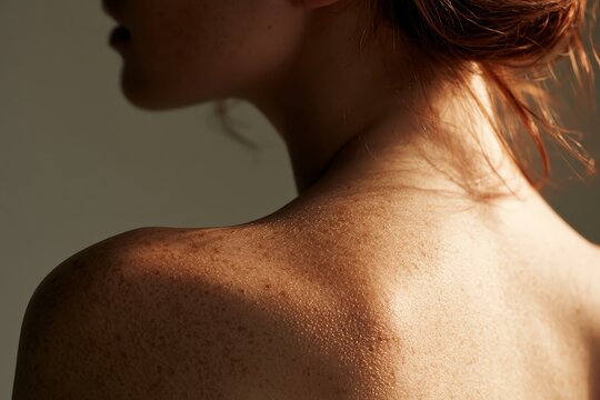 Modern business branding Close-up of woman s freckled back and shoulder professional stock media digital campaign lifestyle content