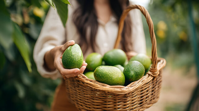 Woman carefully picking fresh, ripe avocado from a fruitful tree, holding it over a rustic wicker basket filled with many just harvested organic green fruits
