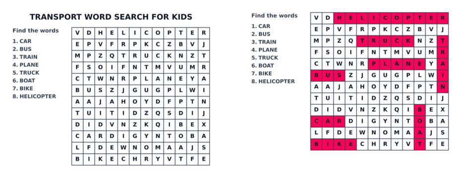 Transport word search game for kids printable education worksheet. Vector activity page developed for vehicle vocabulary learning and classroom practice.