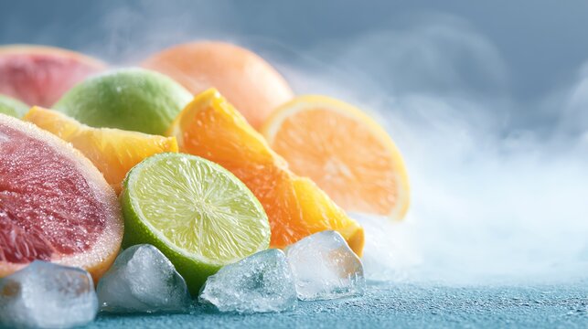 Authentic cinematic storytelling Fresh citrus fruits on ice with steam effect professional marketing strategy visual communication concept