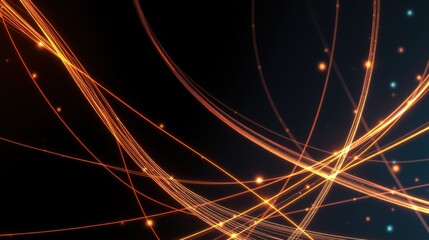 Obraz premium Abstract lines, glowing orange streaks, dark background. Bright particles create dynamic visual effect. Modern digital art.