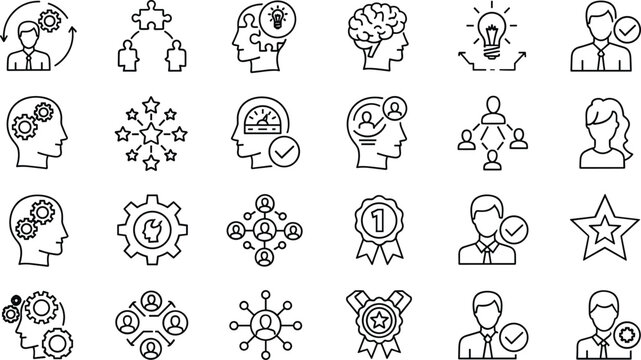 Business, leadership, mindset, outline, icons, set, strategy, creativity, innovation, teamwork, skills, planning, success, management, thinking, network, achievement, symbols, vector, illustration